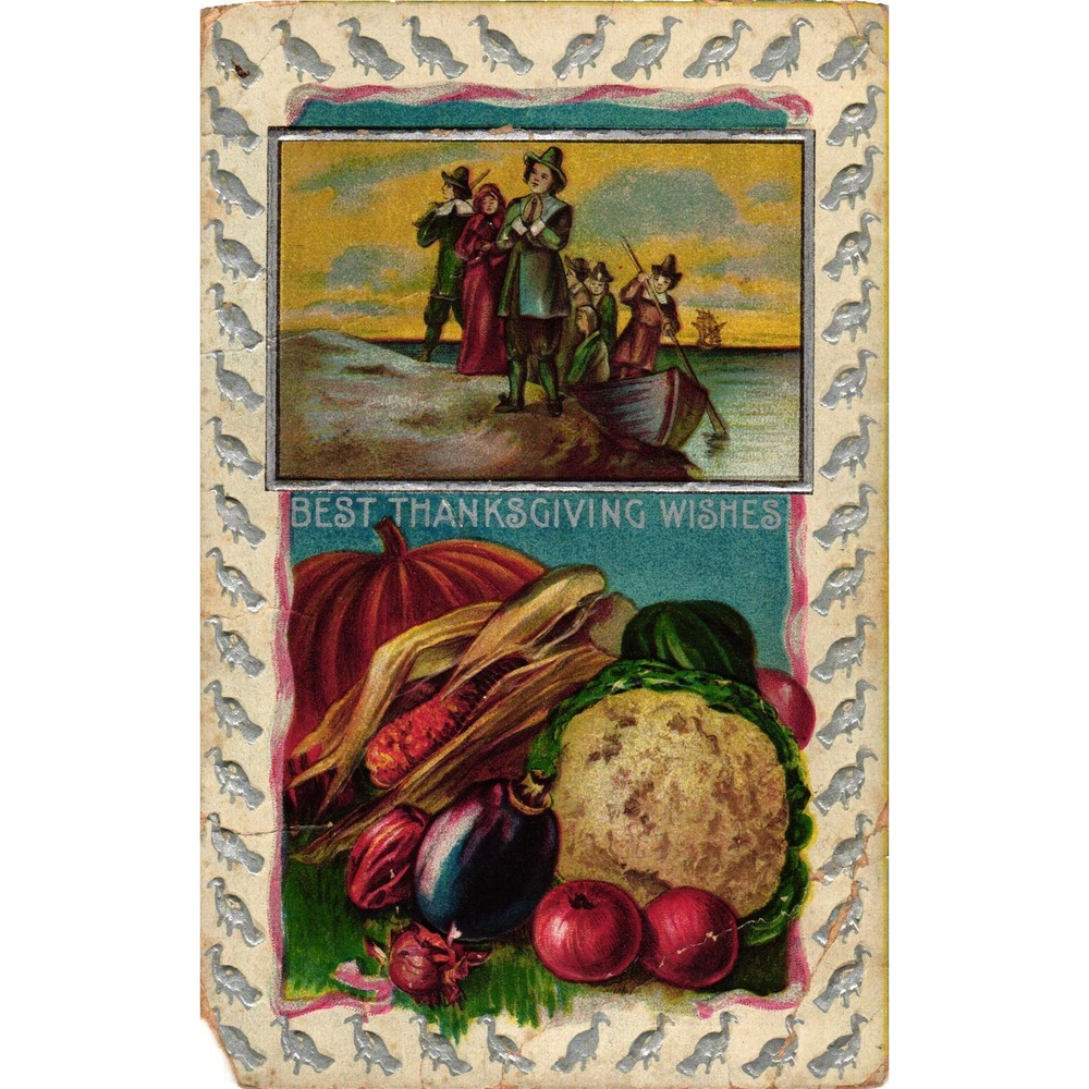 Antique Embossed Thanksgiving Postcard Pilgrims Harvest Vegetables 1909 Postmark